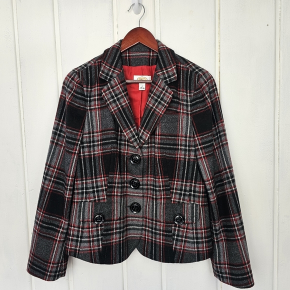 Vintage Talbots Red Gray Plaid Wool Blend Blazer sz 8 - Picture 1 of 12
